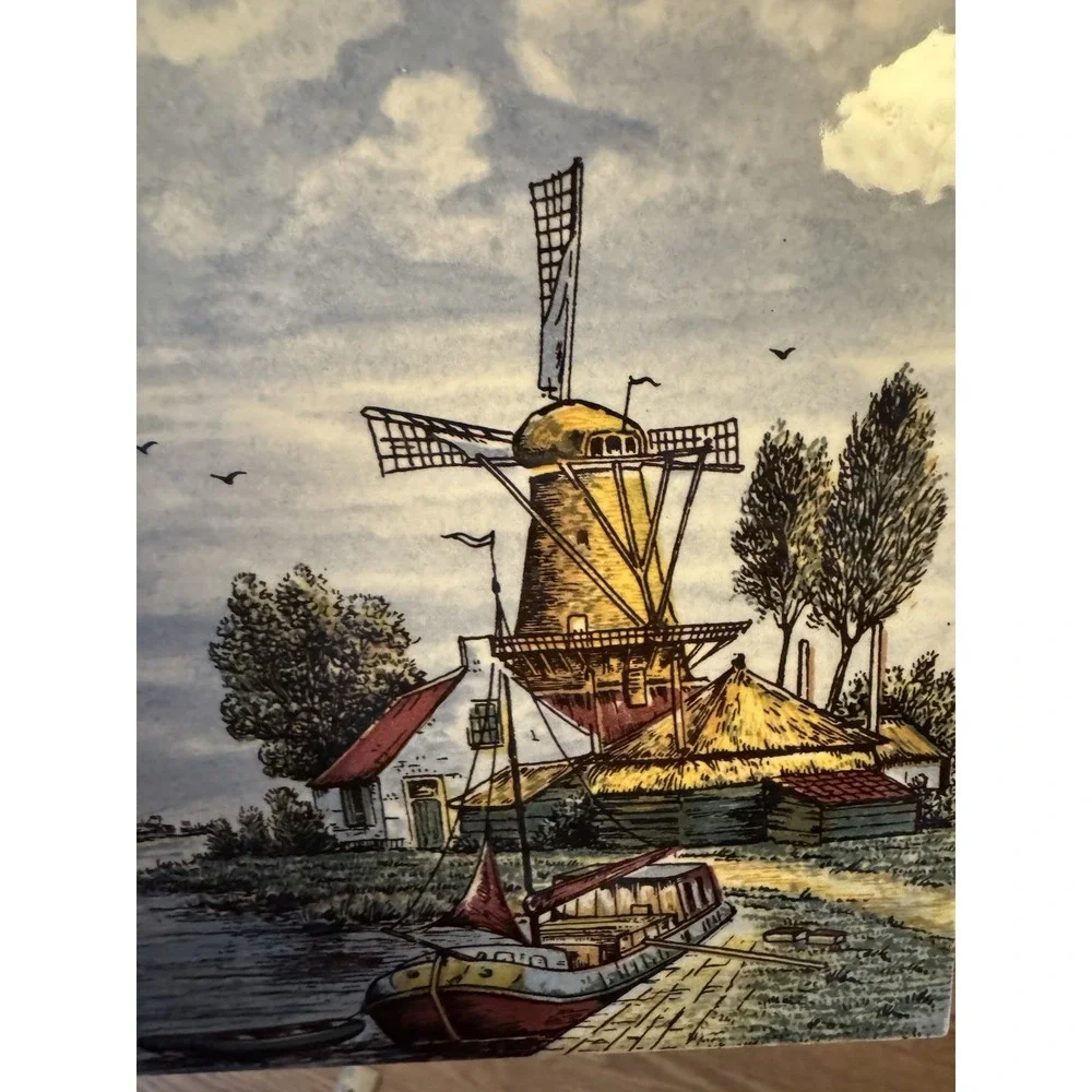 Vintage Delft Handpainted Ceramic Tile Dutch Windmill Canal Holland 6